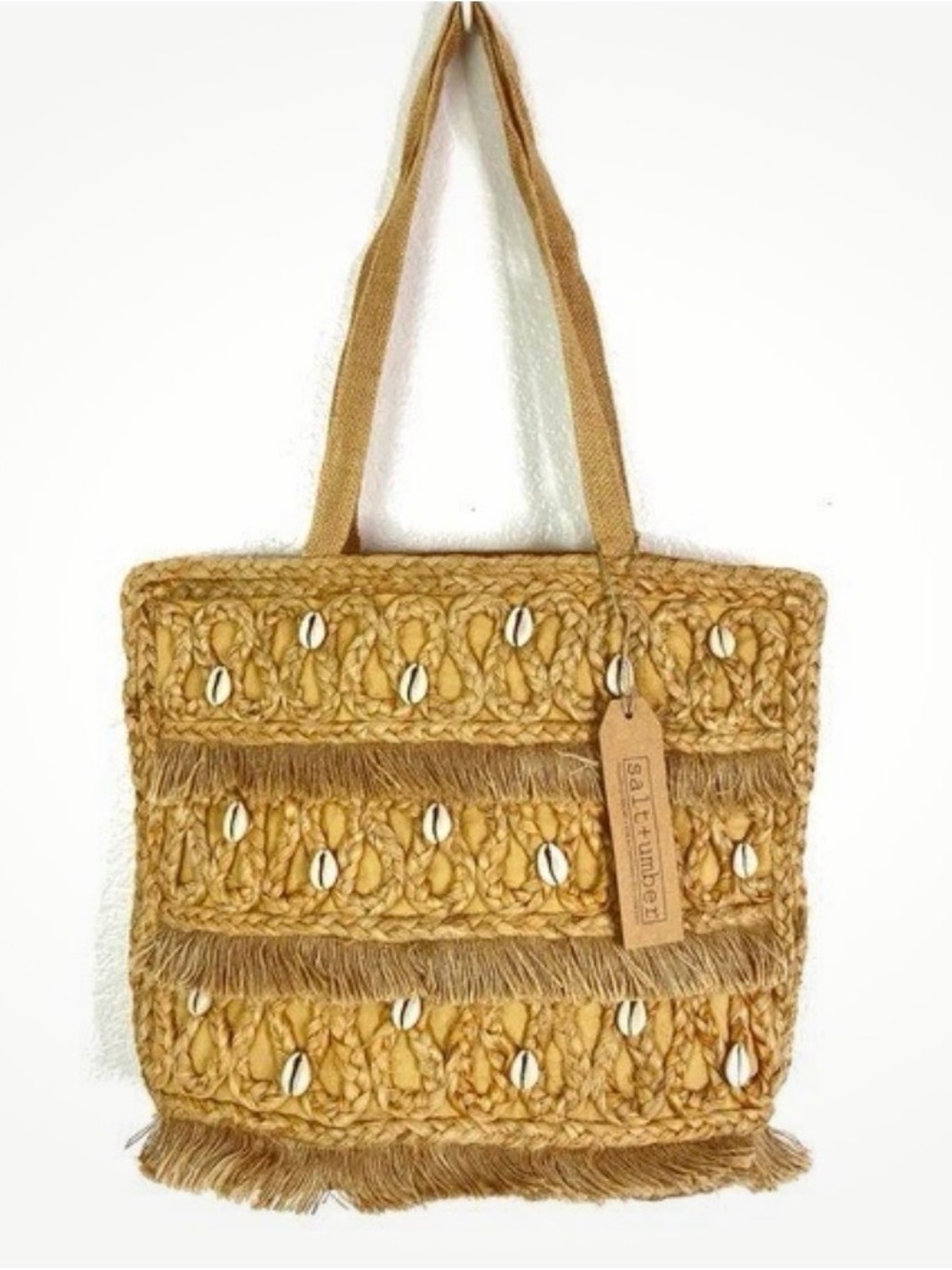SALT + UMBER Isla Jute Seashell Tote Bag Handwoven Straw Tote Bag with Shell